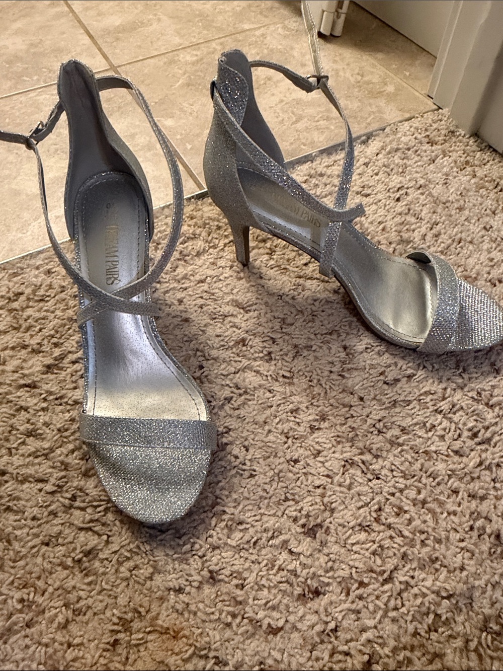 Silver Glitter Ankle-Strap Heels for Women